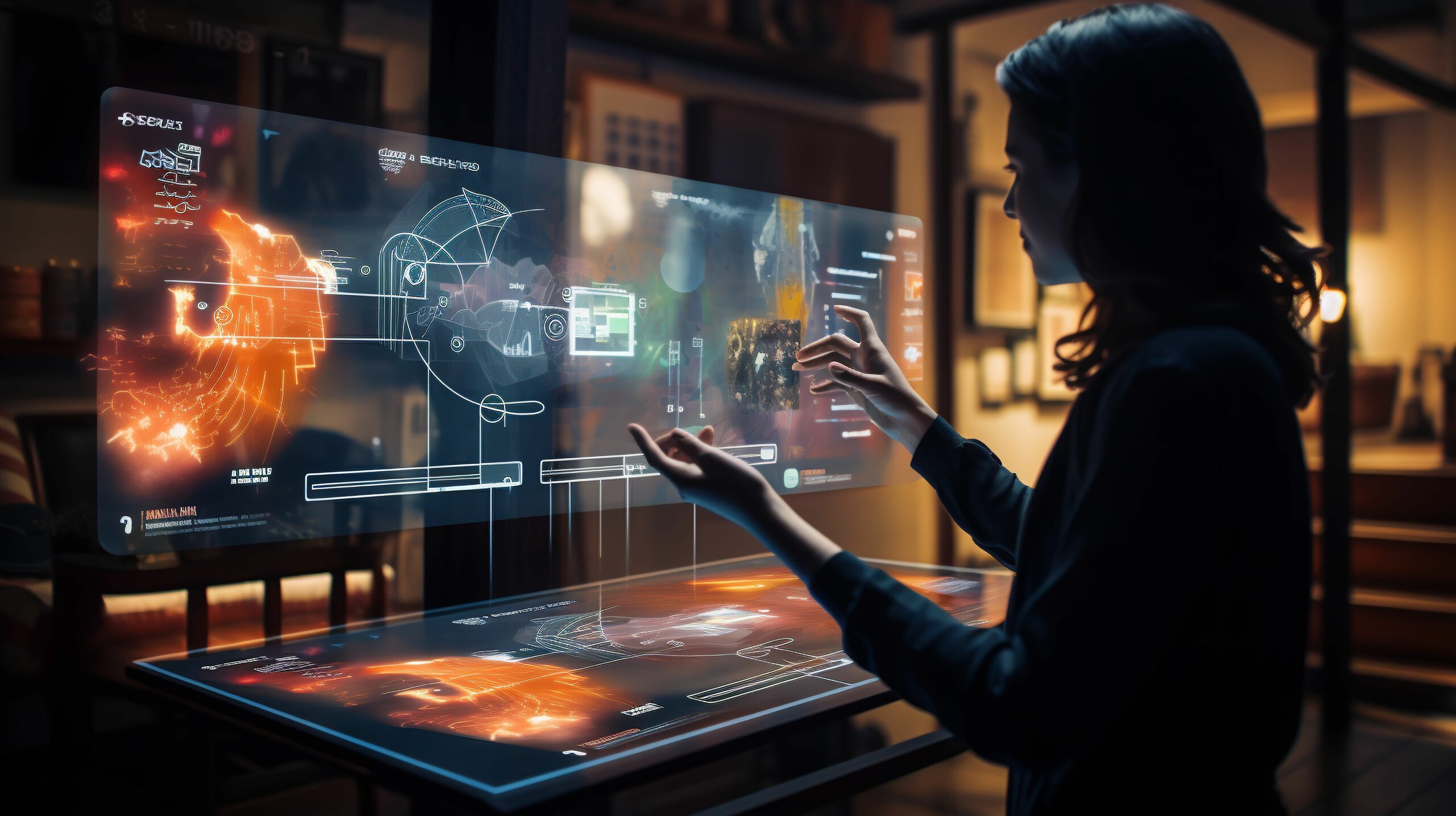 A female solutions architect looks straight ahead as a reflection of a computer screen demonstrates her consideration of cyber solutions.